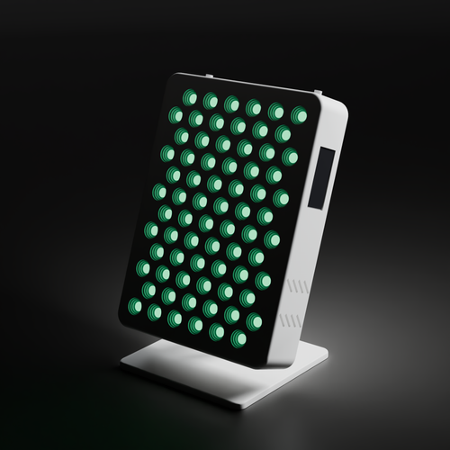 DRKD Retreat 32 seen from the front left in a dark room, its 72 green LEDs lit in staggered rows inside a white housing, tilted back on a hinged stand with a square base.