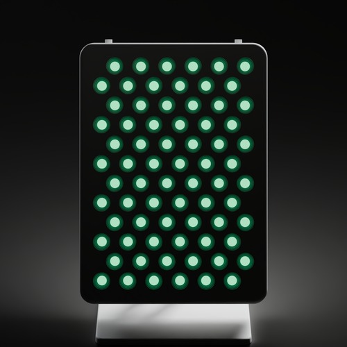 Front view of the DRKD Retreat 32 with all 72 green LEDs lit, arranged in 12 staggered rows of 6 across a white portrait-format face.