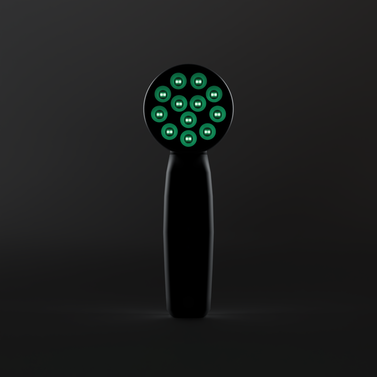 Front view of the DRKD Retreat 21 with all 12 LED wells lit green, each holding a dual-chip LED, on a black round head.