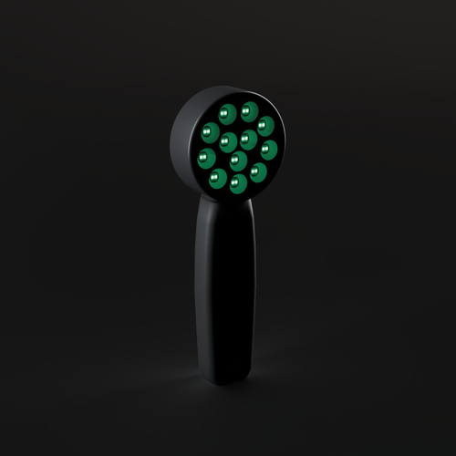 DRKD Retreat 21 at an angle with its 12 LED wells lit green, matte black housing with a round head and slim handle.