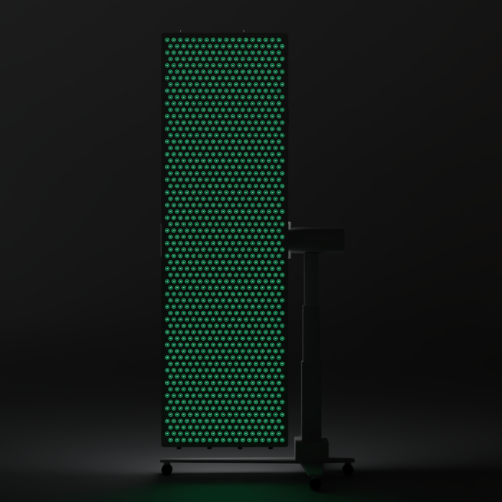 Front view of the DRKD Retreat 189 with all 1,152 dual-chip LEDs lit green, arranged in 18 columns of 64 across the panel face.