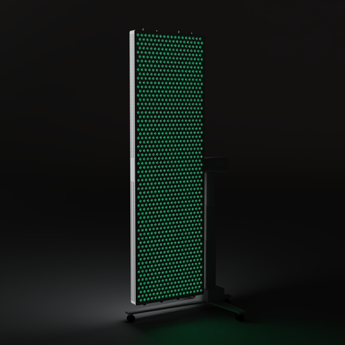 DRKD Retreat 189 at a three-quarter angle with its LED array lit green, white housing mounted on the MS2000-B iron column stand.