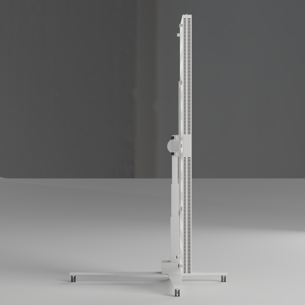 Side profile of the DRKD Retreat 189 with the array off, showing the panel depth and the column stand.