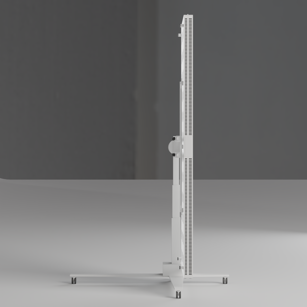 Side profile of the DRKD Retreat 189 with the array off, showing the panel depth and the column stand.