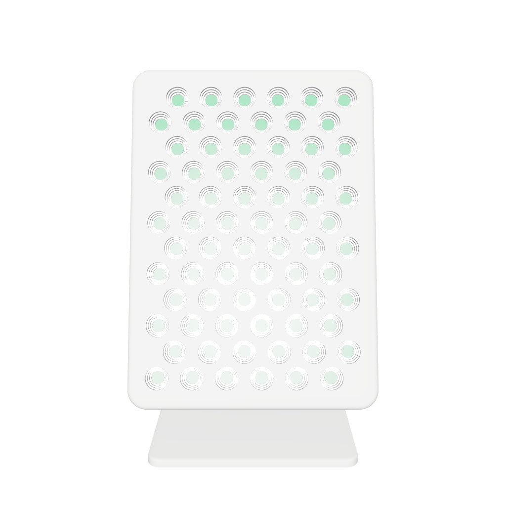 Interactive 3D model of the DRKD Retreat 32: white housing, 72 green LEDs in reflector cups, hinged stand and square base.