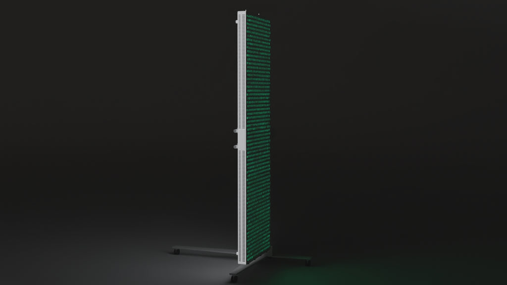Slow camera sweep across the lit DRKD Retreat 189, showing the array lit green, the white housing edge and the column stand.