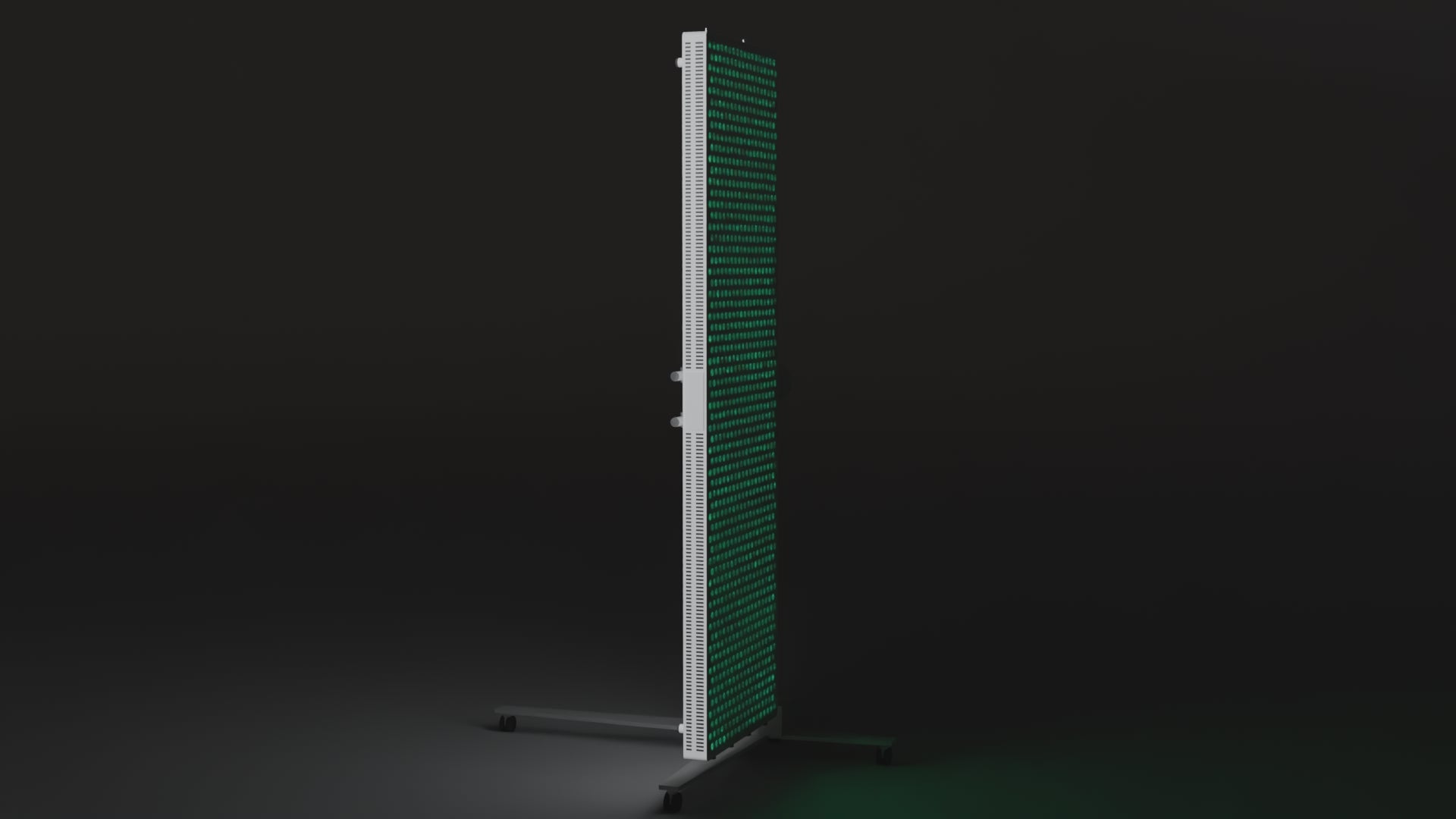 Slow camera sweep across the lit DRKD Retreat 189, showing the array lit green, the white housing edge and the column stand.