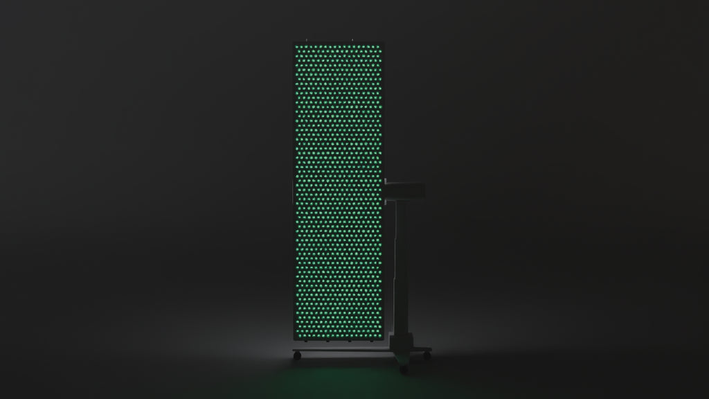 360-degree turntable of the lit DRKD Retreat 189 showing the front array, side profile, rear housing and stand.