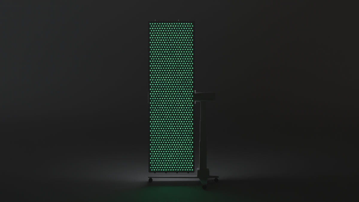 360-degree turntable of the lit DRKD Retreat 189 showing the front array, side profile, rear housing and stand.