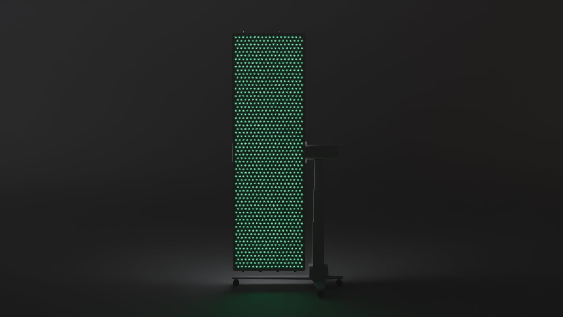 360-degree turntable of the lit DRKD Retreat 189 showing the front array, side profile, rear housing and stand.