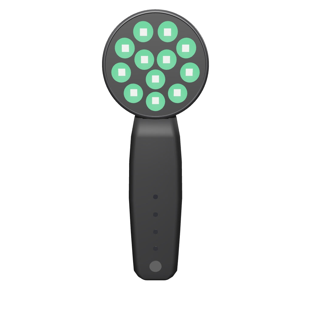 Interactive 3D model of the DRKD Retreat 21: matte black housing with a round head holding 12 LED wells lit green.