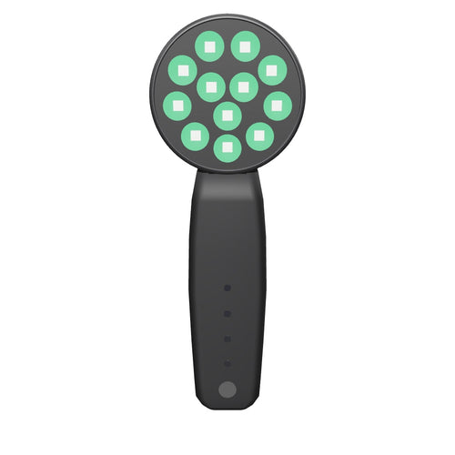 Interactive 3D model of the DRKD Retreat 21: matte black housing with a round head holding 12 LED wells lit green.